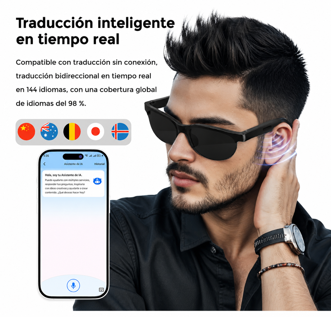 Gafas Inteligentes AI con Traducción en Tiempo Real | Bluetooth 5.3 | Audio HD | Protección UV400